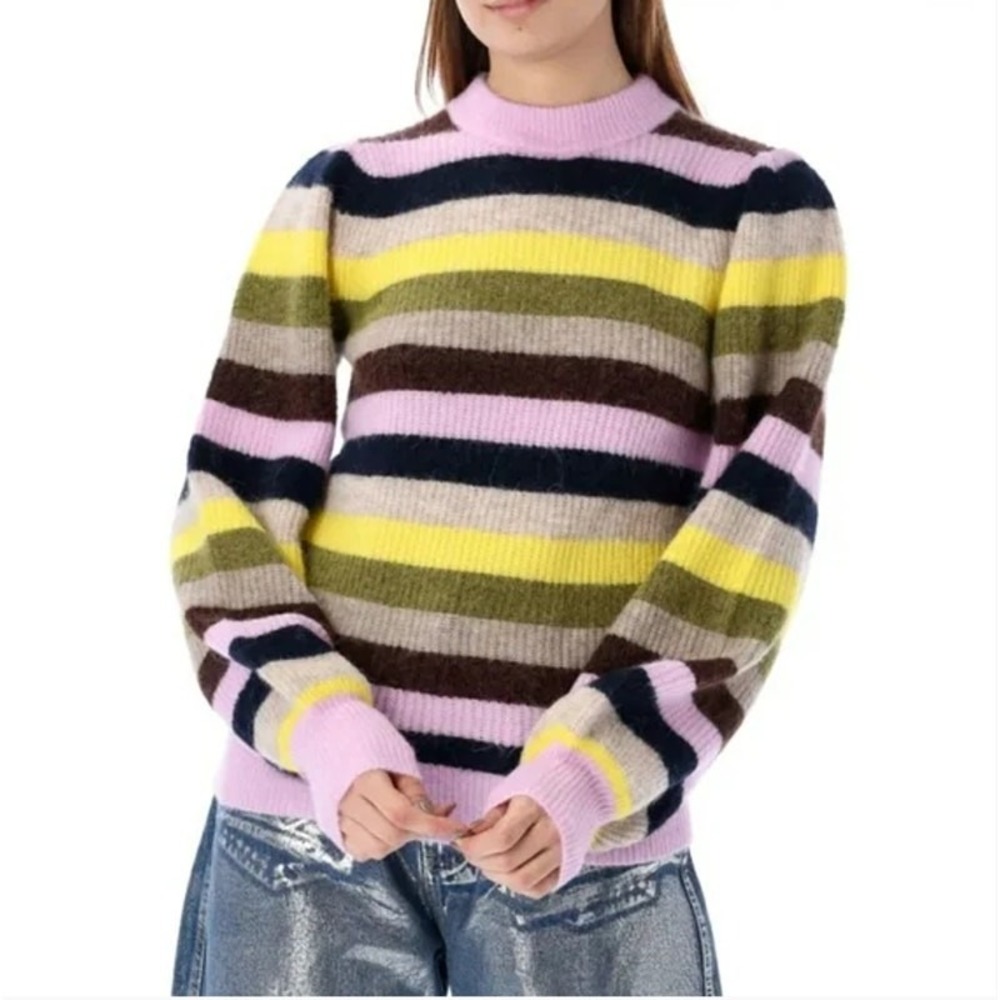 GANNI Striped Sweater Womens Size S Puff Sleeve Alpaca Merino Wool Purple Yellow